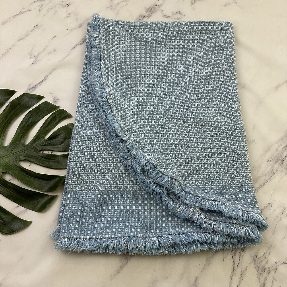 Vintage 90s Waffle Knit Woven Tablecloth Light Blue White Check Oval 74x54in